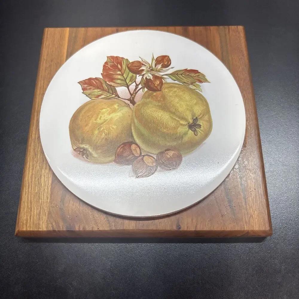 Vintage Fruit/Nut Wood and Tile Trivet Hot Plate - Hanging Wall Decor - Retro